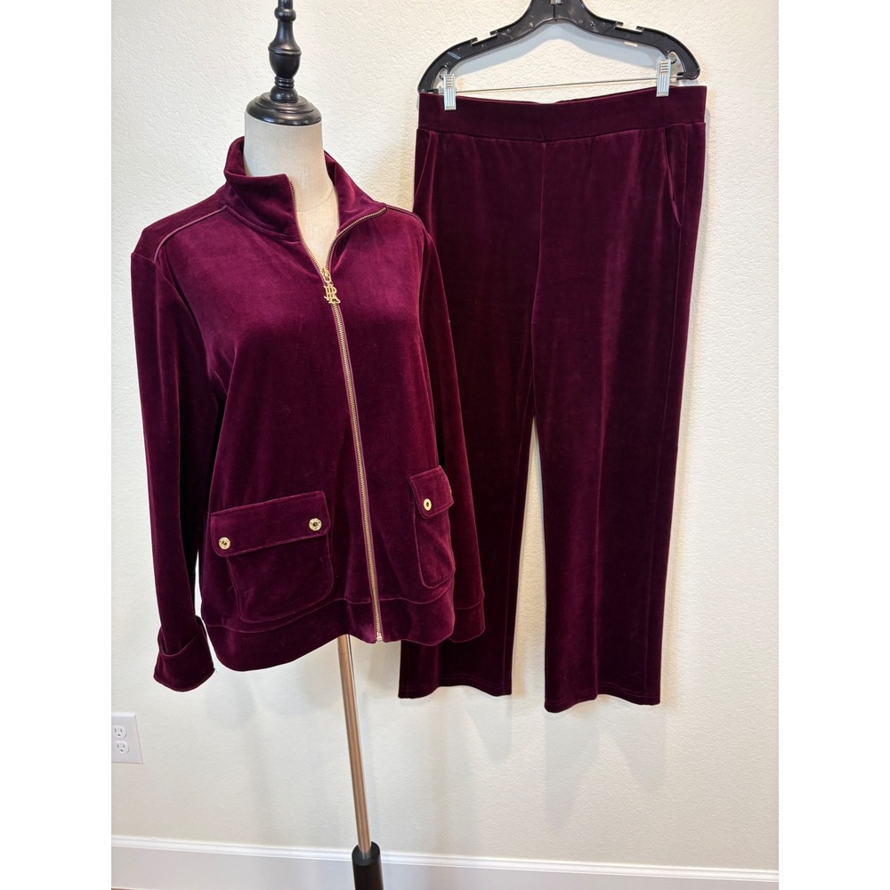 Lauren Ralph Lauren Track Suit Women Medium Maroon Y2K Velour 2pc Set athleisure
